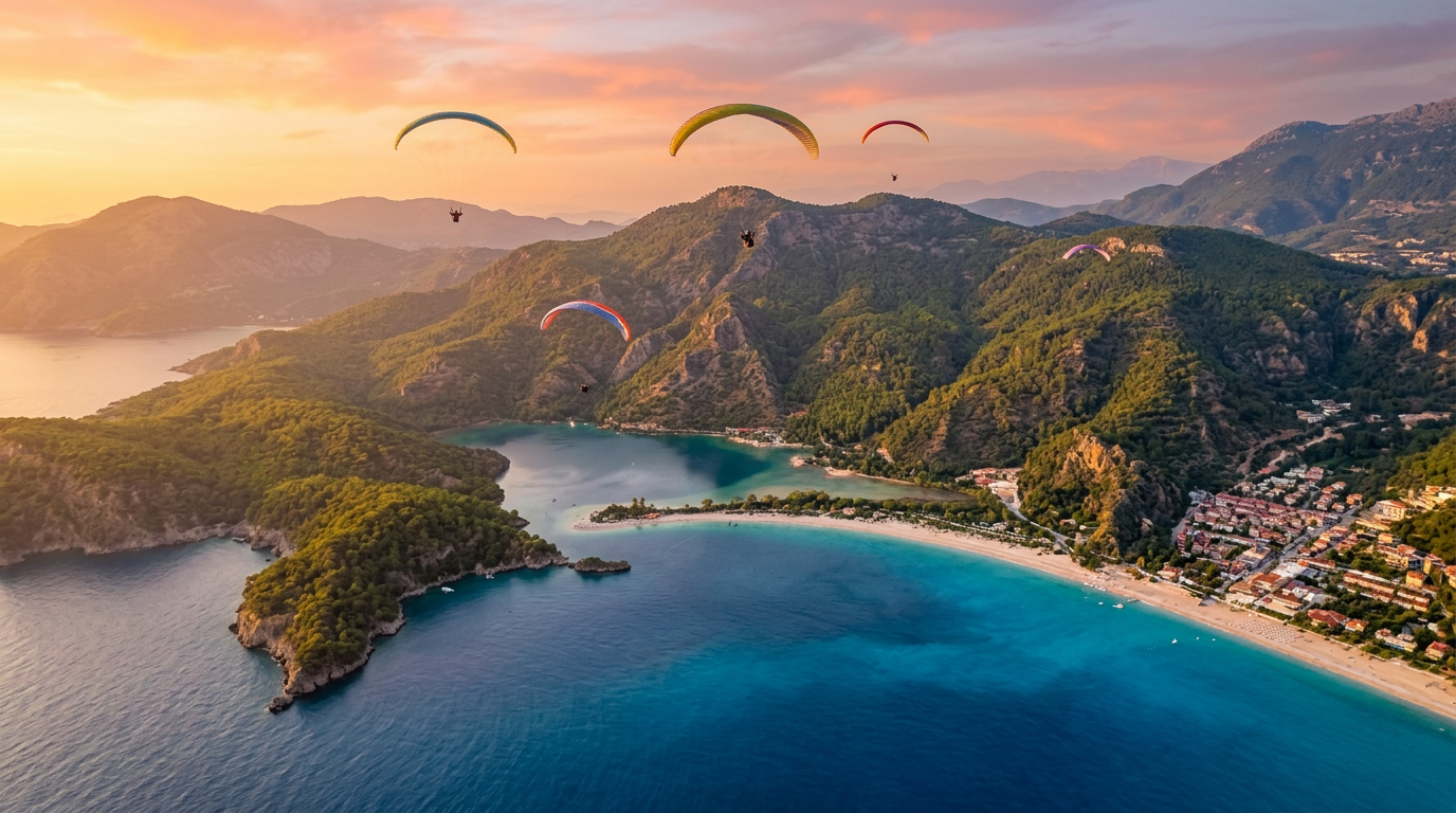 fethiye-oludeniz-babadag-paragliding-sunset-aerial-view